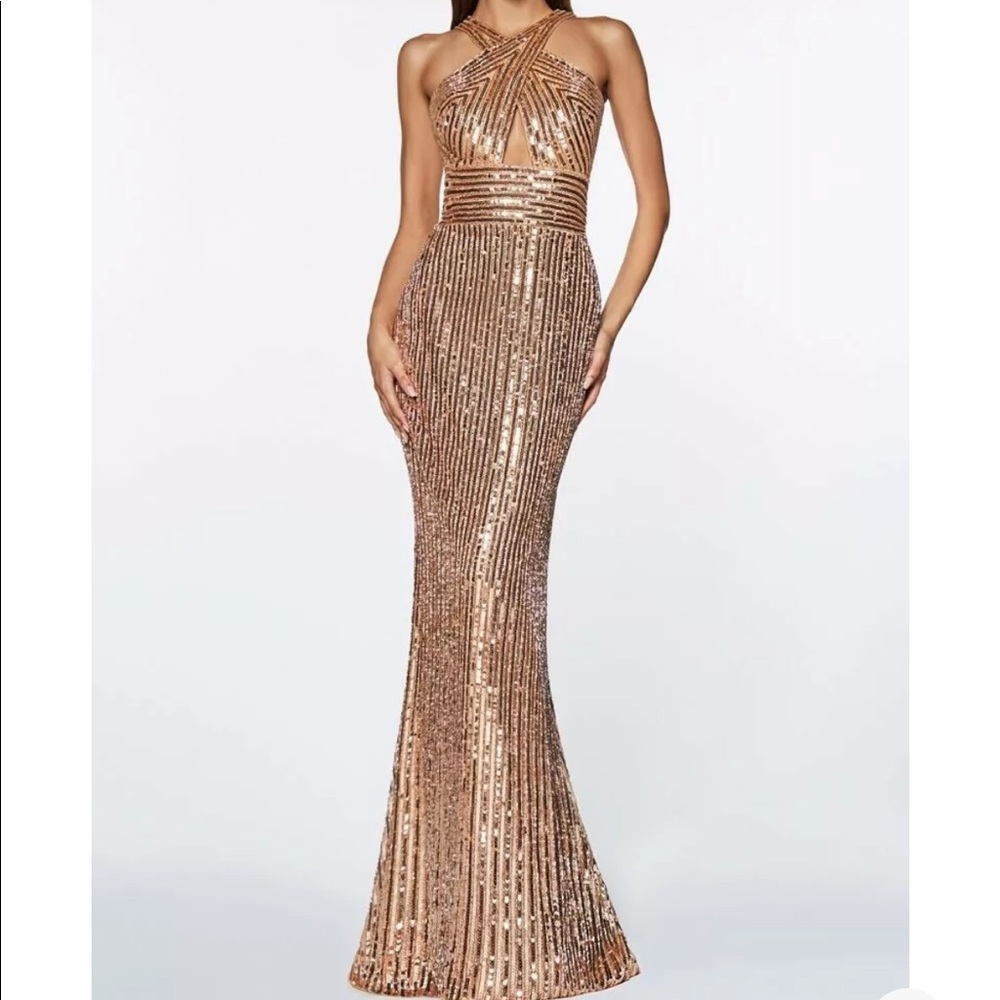 Cinderella Divine - J0235 Crisscross Cutout Bodice Sheath Gown in Rose Gold Sz 8